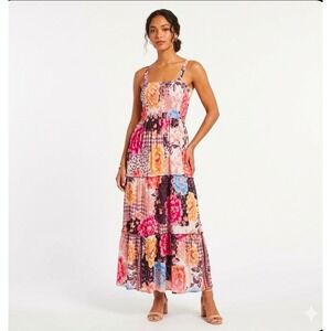 Me 2 Magic Women's Boho Floral Pink Maxi Dress Tiered Spaghetti Straps XL